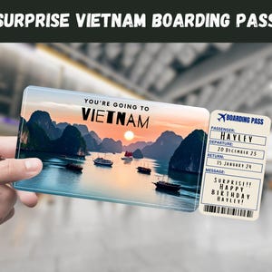 Bilhete-presente surpresa para viagem ao Vietnã - Você vai para o Vietnã, voo, cartão de embarque, editável, download instantâneo, impressão de viagem