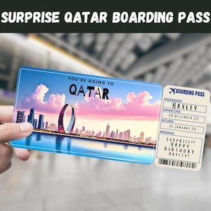 Bilhete-presente surpresa para viagem ao Catar - Você vai para o Catar - Imprimível, voo, cartão de embarque, editável, download instantâneo, impressão de viagem
