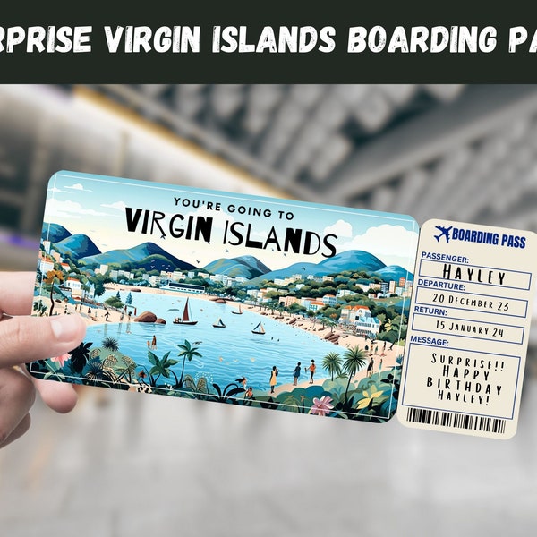 Virgin Islands USA Trip Surprise Gift Ticket - You're Going to Virgin Islands - Printable, Flight, Boarding Pass, Editable, Travel Print