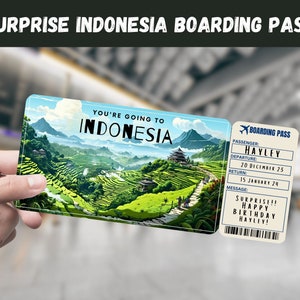 Indonesien Reise Überraschungsgeschenk Ticket - Sie gehen nach INDONESIEN - Printable, Flug, Bordkarte, bearbeitbar, Instant, Reisedruck