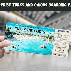 Bilet niespodzianka na wycieczkę na Turks i Caicos - jedziesz na TURKS I CAICOS - do wydrukowania, lot, karta pokładowa, edytowalny, wydruk podróżny