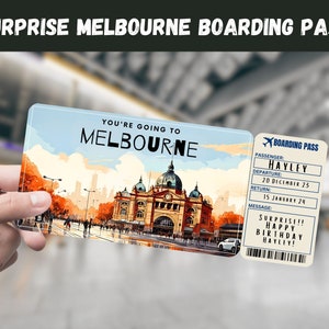Bilhete-presente surpresa para viagem a Melbourne, Austrália - Você vai para MELBOURNE - para impressão, voo, cartão de embarque, editável, impressão de viagem