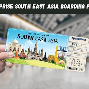 Billete de regalo sorpresa para el viaje al sudeste asiático: viajará al sudeste asiático: imprimible, vuelo, tarjeta de embarque, editable, impresión de viaje