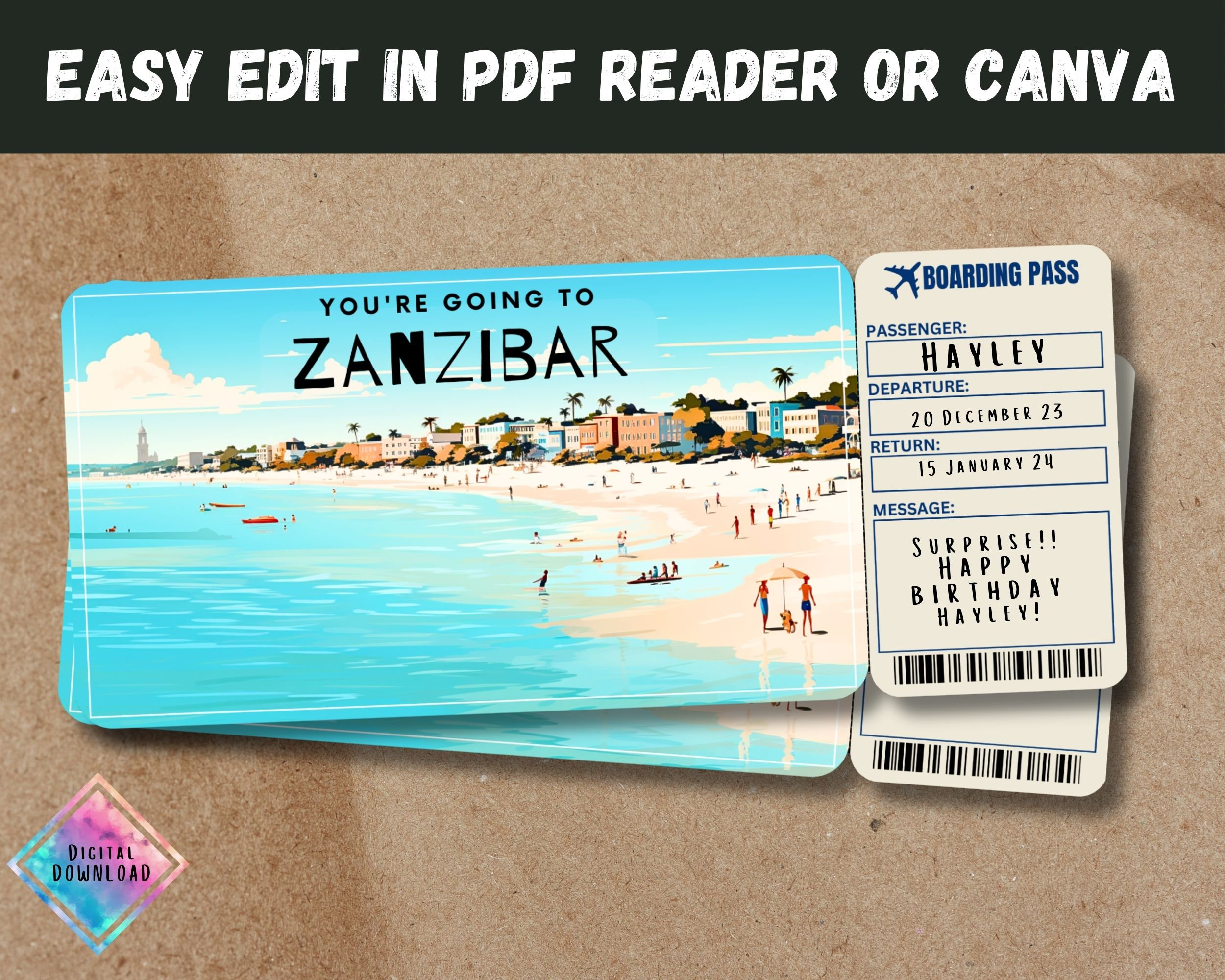 Zanzibar Trip Surprise Gift Ticket: Editable Boarding Pass