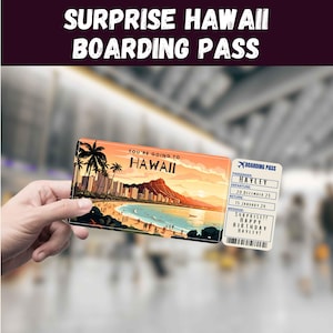May include: A rectangular novelty boarding pass featuring a tropical Hawaii beach scene with palm trees and Diamond Head. The text reads YOU'RE GOING TO HAWAII, BOARDING PASS, HAYLEY, 20 DECEMBER 25, 15 JANUARY 24, and SURPRISE!! HAPPY BIRTHDAY HAYLEY!