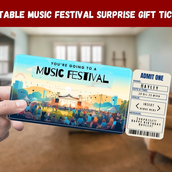 Music Festival Surprise Gift Ticket - You're Going to a MUSIC FESTIVAL - Printable, Pass Editable Instant Download Travel Print Invitation