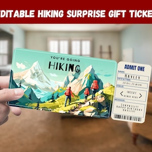 Boleto de regalo sorpresa para senderismo: vas a hacer senderismo: imprimible, pase, editable, descarga instantánea, invitación para imprimir de viaje