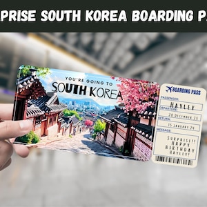 Bilhete-presente surpresa para viagem à Coreia do Sul - Você vai para a COREIA DO SUL, voo, cartão de embarque, editável, download instantâneo, impressão de viagem
