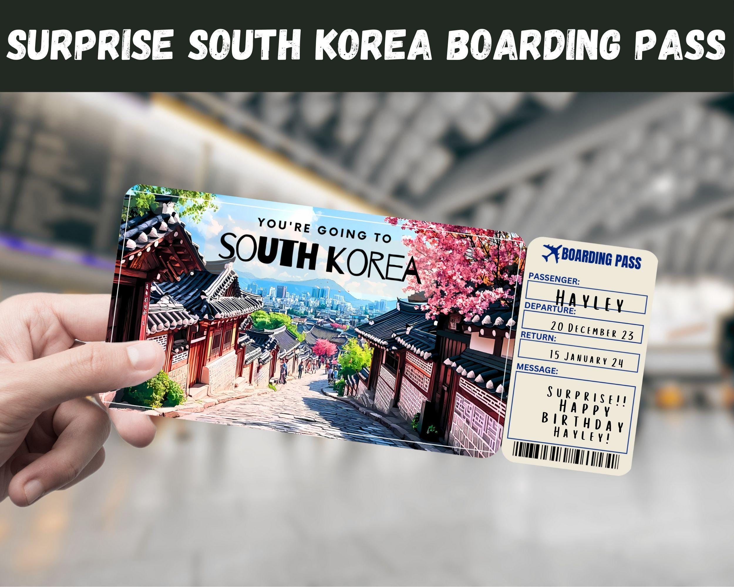 韓国旅行サプライズチケット：編集可能な搭乗券（デジタルダウンロード