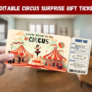 Zirkus-Überraschungsgeschenk-Karte - du gehst zum ZIRKUS - Printable, Pass, Bearbeitbar, Sofort-Download, Reisedruckeinladung
