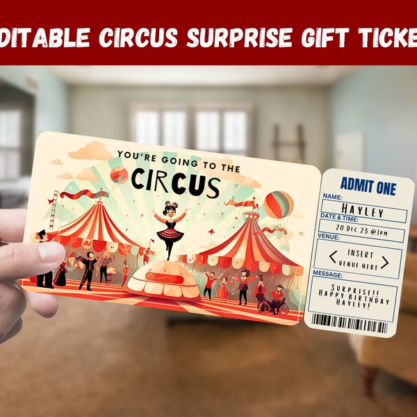 Circus Surprise Gift Ticket - Je gaat naar het CIRCUS - Afdrukbaar, Pass, Bewerkbaar, Instant Download, Travel Print Uitnodiging