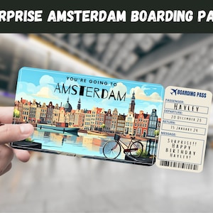 Billet cadeau voyage surprise à Amsterdam, Pays-Bas - Vous allez à AMSTERDAM - Imprimable, carte de vol, d'embarquement, modifiable, impression de voyage