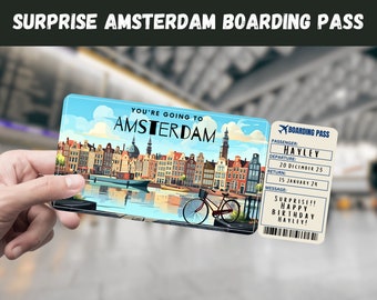 Amsterdam, Netherlands Trip Surprise Gift Ticket - You&#39;re Going to AMSTERDAM - Printable, Flight, Boarding Pass, Editable, Travel Print