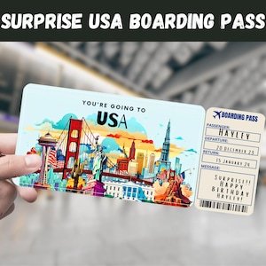 USA Trip Surprise Gift Ticket - Sie gehen nach USA, Vereinigte Staaten, Amerika, Flug, Bordkarte, bearbeitbar, Sofort-Download, Reisedruck