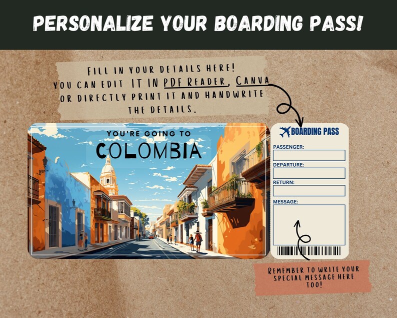 Colombia Trip Surprise Gift Ticket You're Going to COLOMBIA Printable