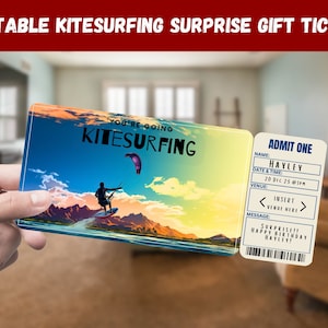 Boleto de regalo sorpresa de kitesurf - Vas a KITESURF - Imprimible, Pase, Editable, Descarga instantánea, Invitación impresa de viaje