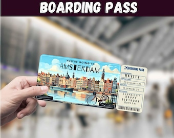 Amsterdam Netherlands Boarding Pass, Surprise Trip Reveal, Travel Gift, Editable (Digital Download)