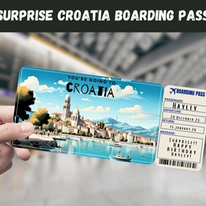 Billet cadeau surprise voyage en Croatie - Vous allez en CROATIE, vol, carte d'embarquement, modifiable, téléchargement immédiat, impression de voyage