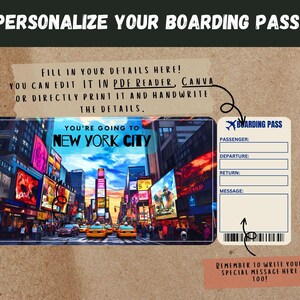 Peut inclure: Un mod&egrave;le de carte d'embarquement imprimable avec une photo de Times Square &agrave; New York. Le mod&egrave;le comporte des champs pour le nom du passager, le d&eacute;part, le retour et un message. Le texte "You're going to New York City" est en haut du mod&egrave;le.