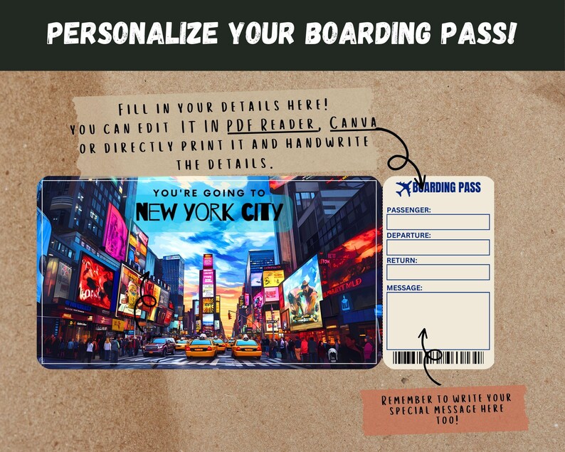 Peut inclure: Un mod&egrave;le de carte d'embarquement imprimable avec une photo de Times Square &agrave; New York. Le mod&egrave;le comporte des champs pour le nom du passager, le d&eacute;part, le retour et un message. Le texte "You're going to New York City" est en haut du mod&egrave;le.
