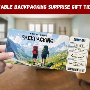 Boleto de regalo sorpresa para mochileros: vas a hacer mochileros: imprimible, pase, editable, descarga instantánea, invitación para imprimir para viajar