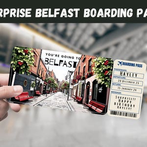 Belfast, Irlanda - Bilhete-presente surpresa para viagem - Você vai para BELFAST - Imprimível, voo, cartão de embarque, editável, instantâneo, impressão de viagem