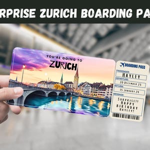 Zurich, Switzerland Trip Surprise Gift Ticket - You&#39;re Going to ZURICH, Flight, Boarding Pass, Editable, Instant Download, Travel Print