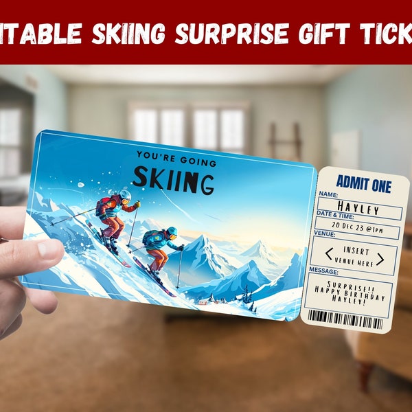 Skiing Surprise Gift Ticket - You're Going SKIING - Printable, Pass, Editable, Instant Download, Travel Print Invitation
