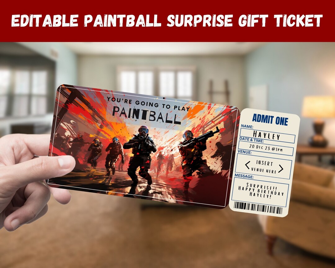 Paintball Surprise Gift Ticket Youre Going to Play PAINTBALL Printable