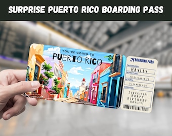 Puerto Rico Trip Surprise Gift Ticket - You&#39;re Going to PUERTO RICO - Printable, Flight, Boarding Pass, Editable, Instant, Travel Print