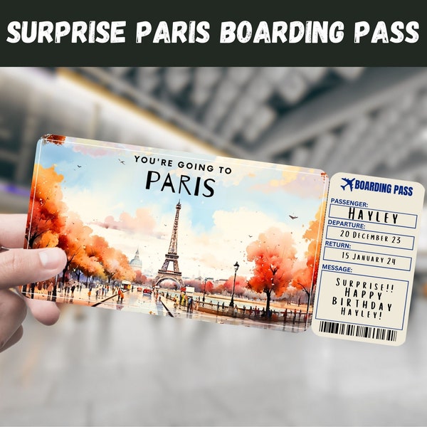 Billet cadeau voyage surprise Paris, France - Vous allez à PARIS - Imprimable, vol, carte d'embarquement, modifiable, téléchargement immédiat, impression de voyage