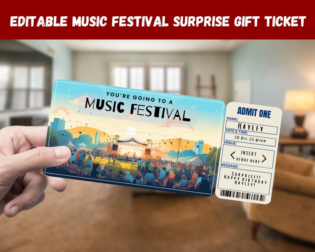 Music Festival Surprise Gift Ticket You're Going to a MUSIC FESTIVAL Printable, Pass Editable