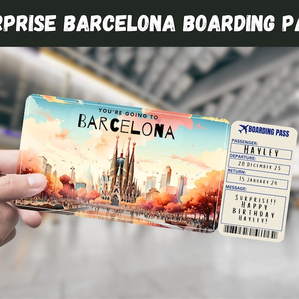 Barcelona, Spanien Überraschungsgeschenkticket - Sie gehen nach BARCELONA - Printable, Flug, Bordkarte, Sofort, bearbeitbar, Reisedruck