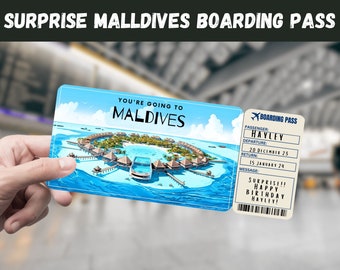 Maldives Trip Surprise Gift Ticket - You&#39;re Going to MALDIVES - Printable, Flight, Boarding Pass, Editable, Instant Download, Travel Print