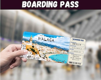 Malaga Spain Boarding Pass, Surprise Trip Reveal, Travel Gift, Editable (Digital Download)