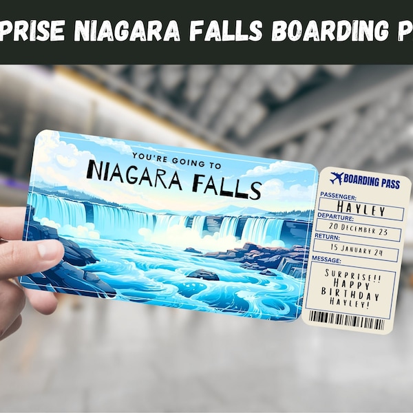 Billet cadeau surprise pour les chutes du Niagara - vous allez aux chutes du Niagara - imprimable, vol, carte d'embarquement, instantané, modifiable, impression de voyage