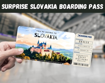 May include: A fake boarding pass with a picture of a castle and the text "You're going to Slovakia". The boarding pass is for Hayley and has a message that says "Surprise!! Happy Birthday Hayley!"