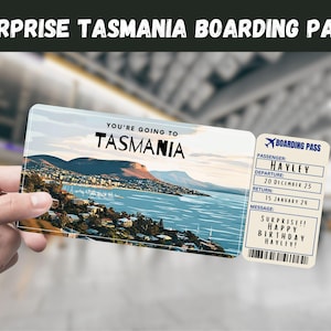 Tasmânia, Austrália - Bilhete-presente surpresa para viagem - Você vai para a TASMÂNIA - Para impressão, voo, cartão de embarque, editável, impressão de viagem