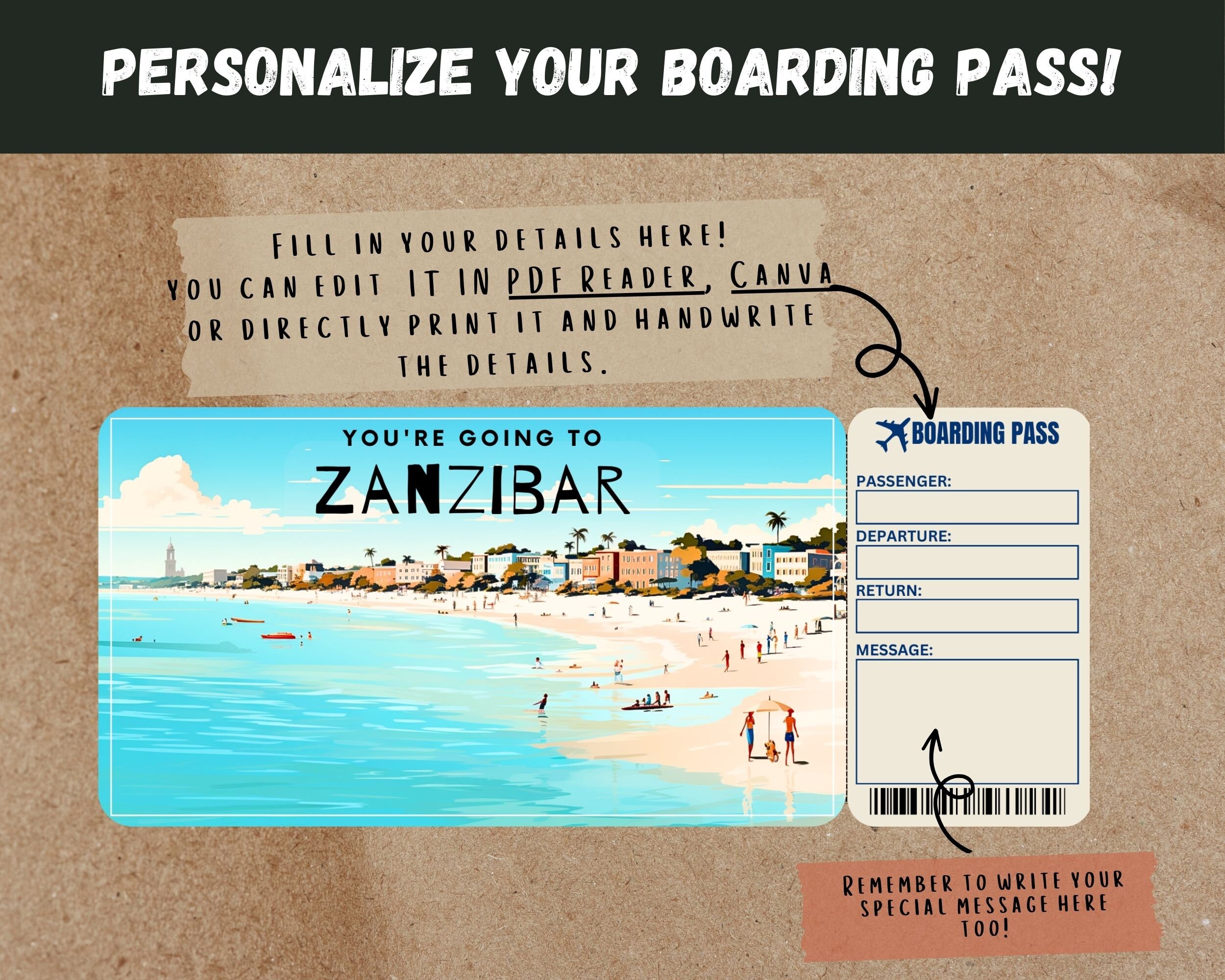 Zanzibar Trip Surprise Gift Ticket: Editable Boarding Pass