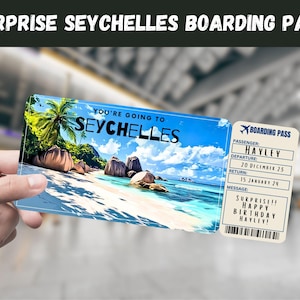 Billet cadeau voyage aux Seychelles - Vous allez aux SEYCHELLES, vol, carte d'embarquement, modifiable, téléchargement immédiat, impression de voyage
