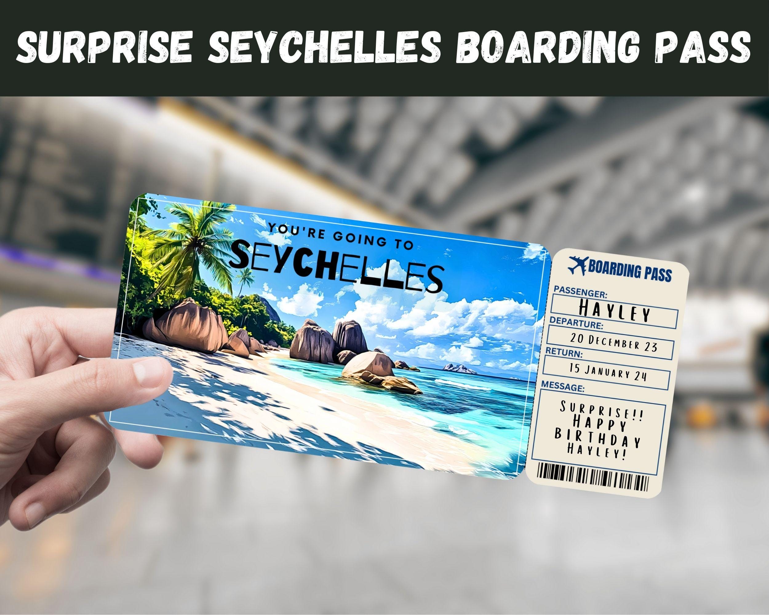 Seychelles Trip Surprise Gift Ticket - You're Going to SEYCHELLES , Flight, Boarding Pass, Editable, Instant Download, Travel Print