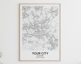 Custom City Map Print, Any City Print, Any Town, Personalized Map Wall Art, Custom Street Map Art, Printable Wall Art, Digital Download