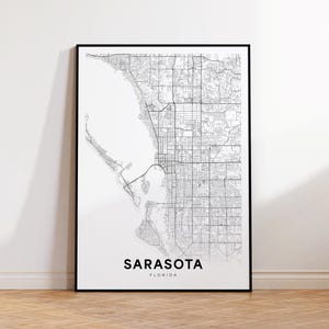 Sarasota-stadskaart afdrukken, Sarasota-stratenkaartposter, kaartkunst Florida, stratenwegenkaart afdrukken, minimalistische stadsplattegrond, woonkamerdecor