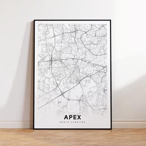 Apex NC-stadskaart, Apex-stratenkaart, Apex City Noord-Carolina VS kaart poster, moderne stadswegenkaart, minimalistische zwart-witte muurkunst