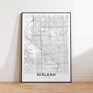 Hialeah-stadskaart afdrukken, Hialeah-stratenkaartposter, kaartkunst Florida, stratenwegenkaart afdrukken, minimalistische stadsplattegrond, kantoormuurkunst