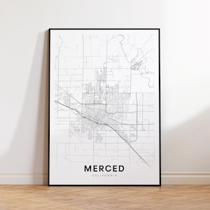 May include: A black and white map print of Merced, California. The map shows the city streets and surrounding area.