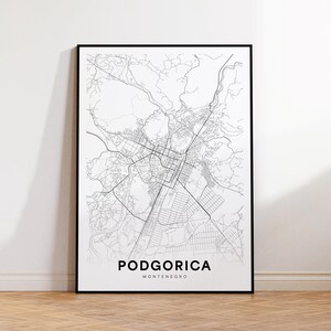 Mapa da cidade de Podgorica, mapa de ruas de Podgorica, mapa moderno de Podgorica, Montenegro, decoração de mapa da cidade, arte de parede para impressão, download instantâneo
