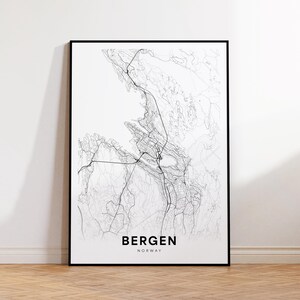 Impressão de mapa de Bergen, pôster de mapa da cidade de Bergen, arte de mapa de rua, decoração de parede moderna, presente para ele/ela, decoração de escritório para casa, arte de parede para impressão