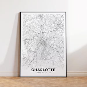Charlotte NC City Map, Charlotte Street Map, North Carolina USA Map Poster, Modern City Road Map, Minimalist Black and White Wall Art