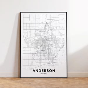 May include: Black and white line art map of Anderson, Indiana. The map shows the city streets and major roads.